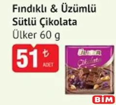ÜLKER FINDIKLI VE ÜZÜMLÜ BOL SÜTLÜ ÇİKOLATA 60 G fiyat ve kampanya bilgisi
